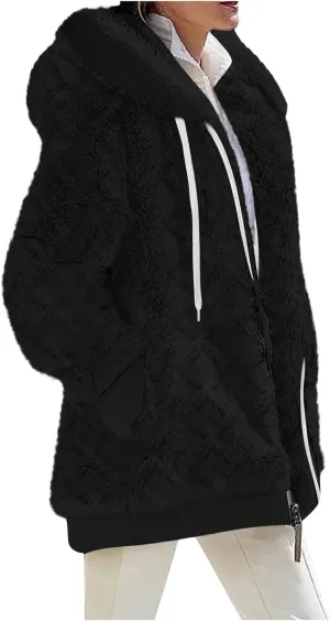 2024 Coats for Women Fuzzy Zip Up Hoodies Color Block Sweaters Coat Soft Sherpa Jackets Casual Warm Outwear with Pocket