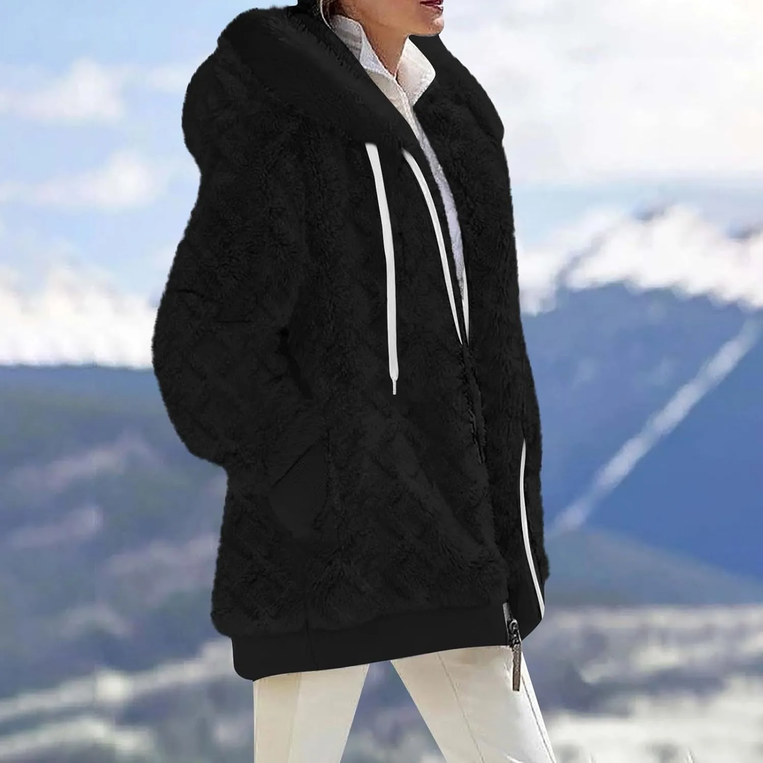 2024 Coats for Women Fuzzy Zip Up Hoodies Color Block Sweaters Coat Soft Sherpa Jackets Casual Warm Outwear with Pocket