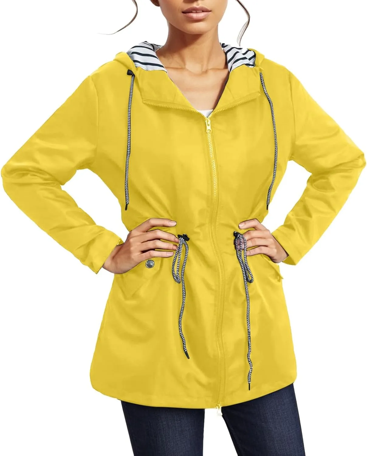 2024 Womens Rain Jacket with Hood Lightweight Trench Coat Long Sleeve Windbreaker Zip Up Drawstring Raincoat With Pockets