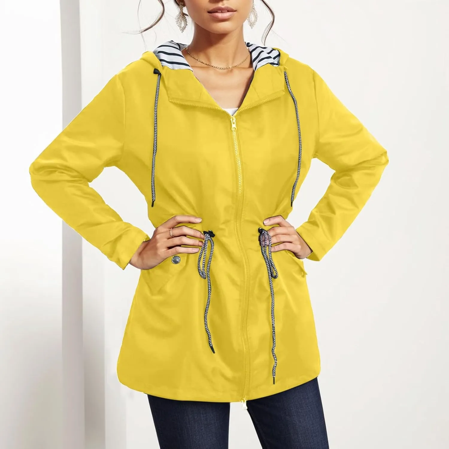 2024 Womens Rain Jacket with Hood Lightweight Trench Coat Long Sleeve Windbreaker Zip Up Drawstring Raincoat With Pockets