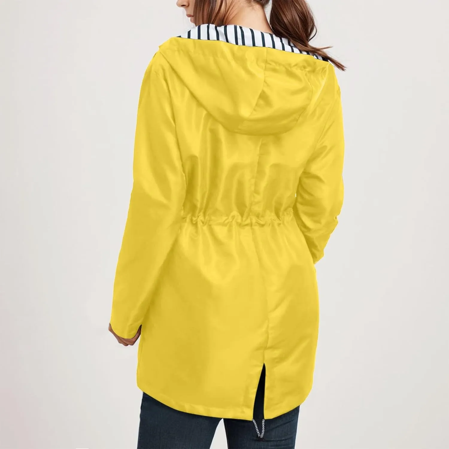 2024 Womens Rain Jacket with Hood Lightweight Trench Coat Long Sleeve Windbreaker Zip Up Drawstring Raincoat With Pockets