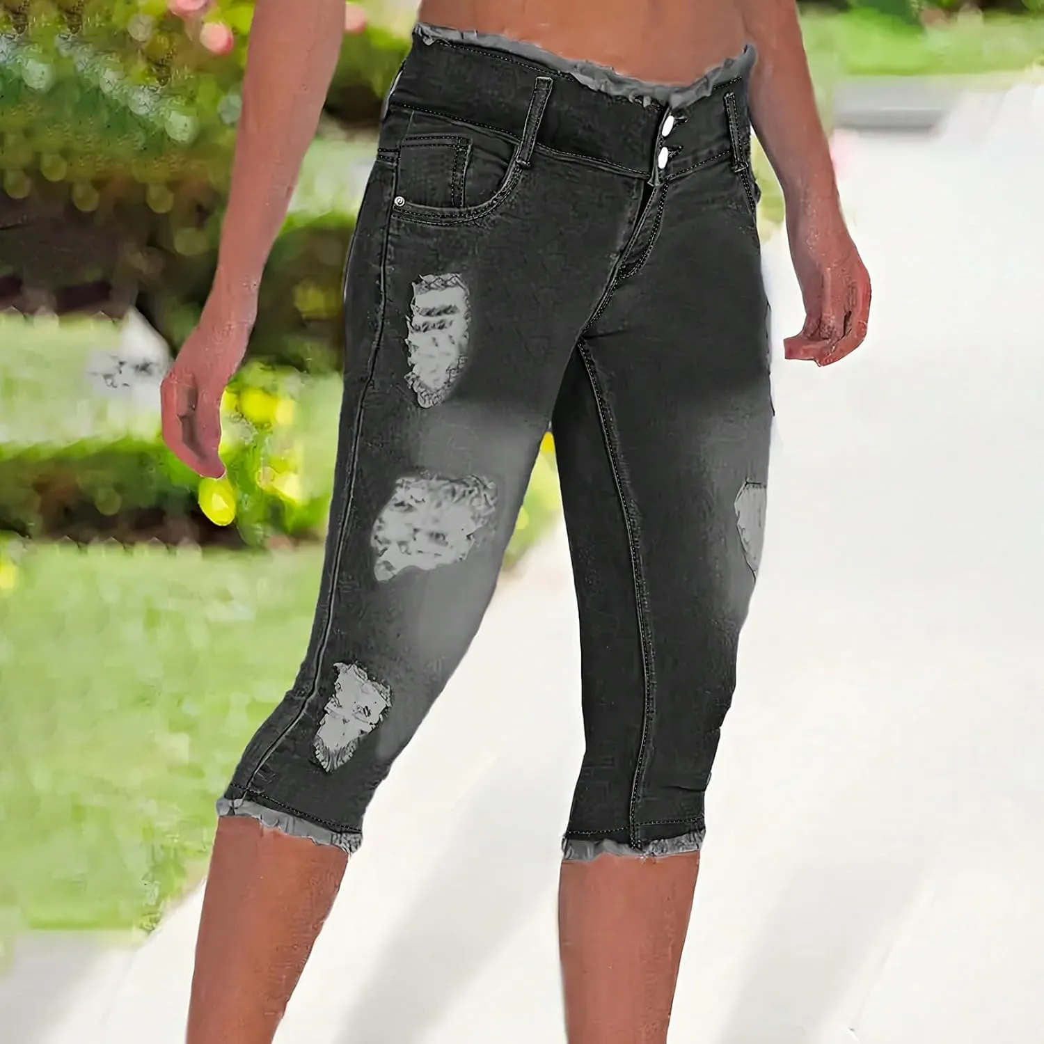 Capri Jeans for Women Stretch Low Rise Ripped Jeans Butt Lifting Wash Raw Hem Distressed Denim Capris with Pockets