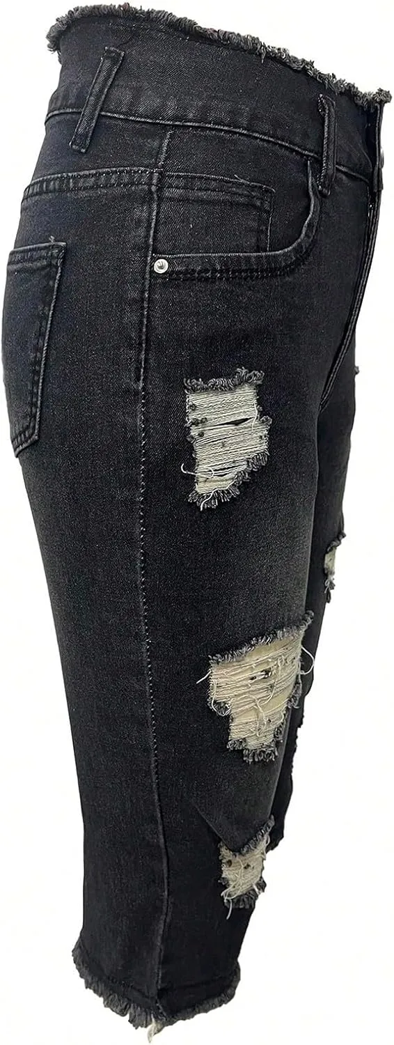 Capri Jeans for Women Stretch Low Rise Ripped Jeans Butt Lifting Wash Raw Hem Distressed Denim Capris with Pockets