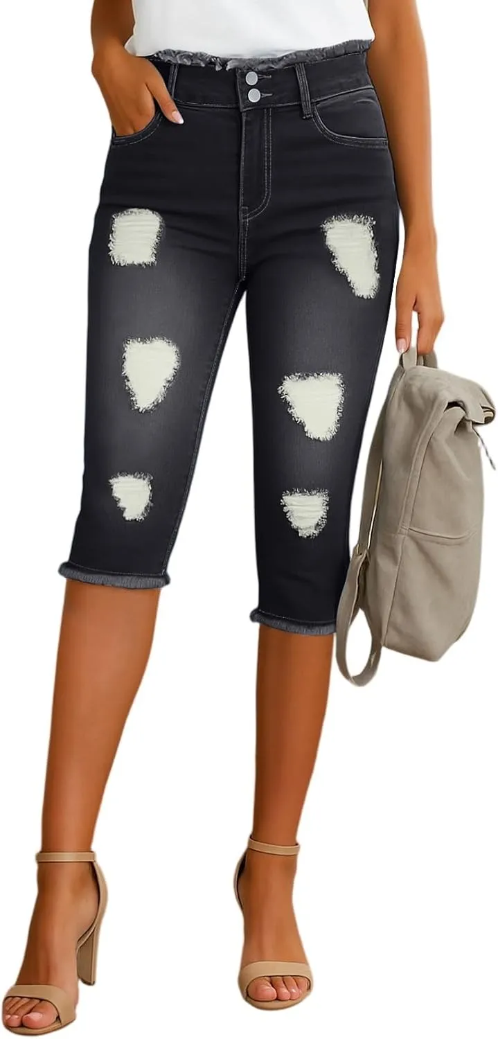 Capri Jeans for Women Stretch Low Rise Ripped Jeans Butt Lifting Wash Raw Hem Distressed Denim Capris with Pockets