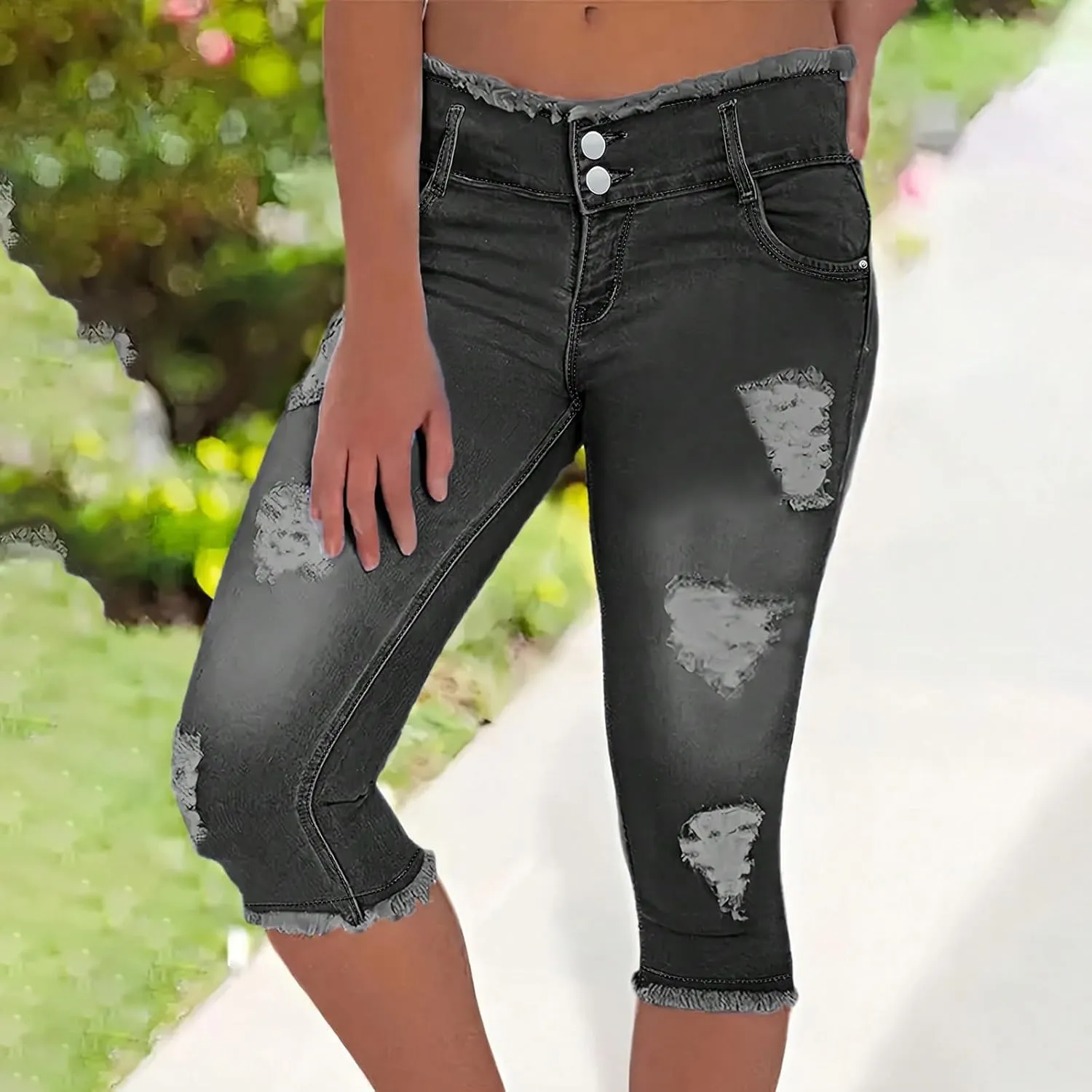 Capri Jeans for Women Stretch Low Rise Ripped Jeans Butt Lifting Wash Raw Hem Distressed Denim Capris with Pockets