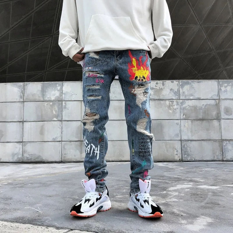 Destroyed Ripped Fire Broken Graffiti Print Men Jeans
