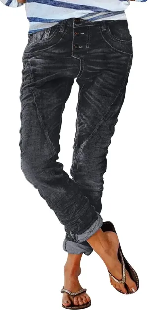 Distressed Jeans for Women Slim Straight Cuffed Crop Jeans Mid Waist Stretchy Washed Cute Boyfriend Denim Pants