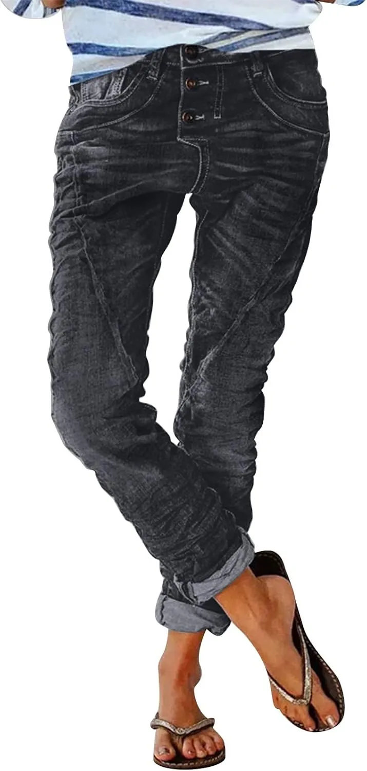 Distressed Jeans for Women Slim Straight Cuffed Crop Jeans Mid Waist Stretchy Washed Cute Boyfriend Denim Pants