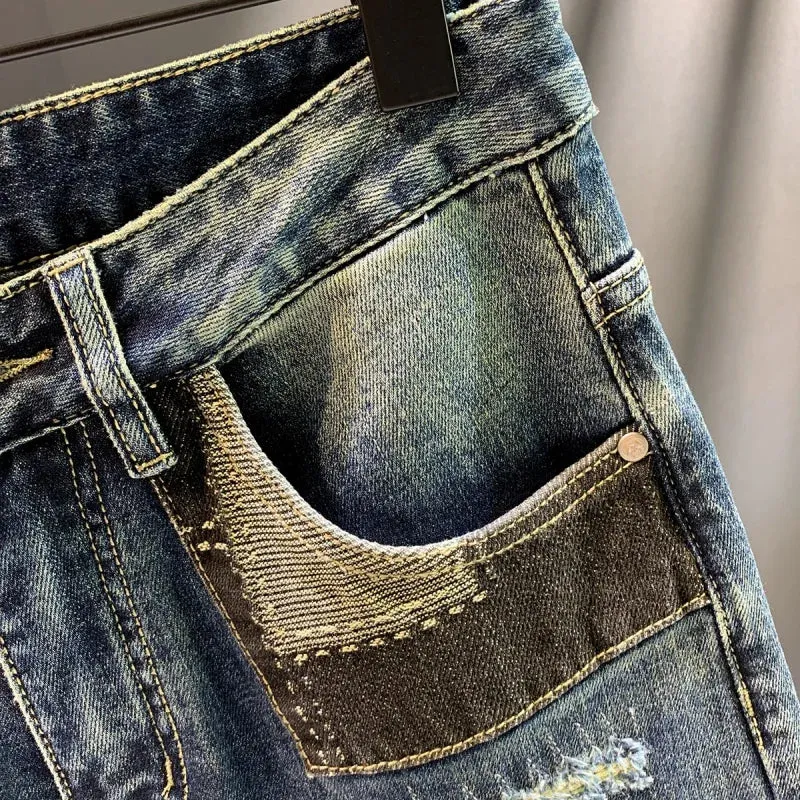 Fashion Patchwork Stitched Ripped Jeans