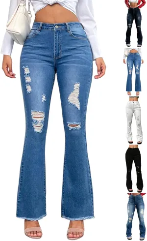 Flare Ripped Jeans Womens Bell Bottom Distressed Jeans Skinny Bootcut Pants High Waisted Denim Pants with Pockets