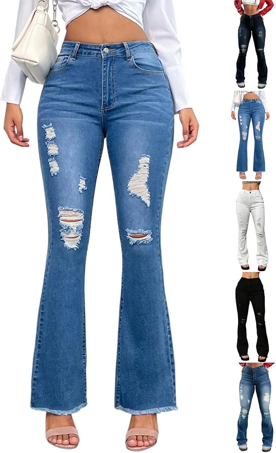 Flare Ripped Jeans Womens Bell Bottom Distressed Jeans Skinny Bootcut Pants High Waisted Denim Pants with Pockets