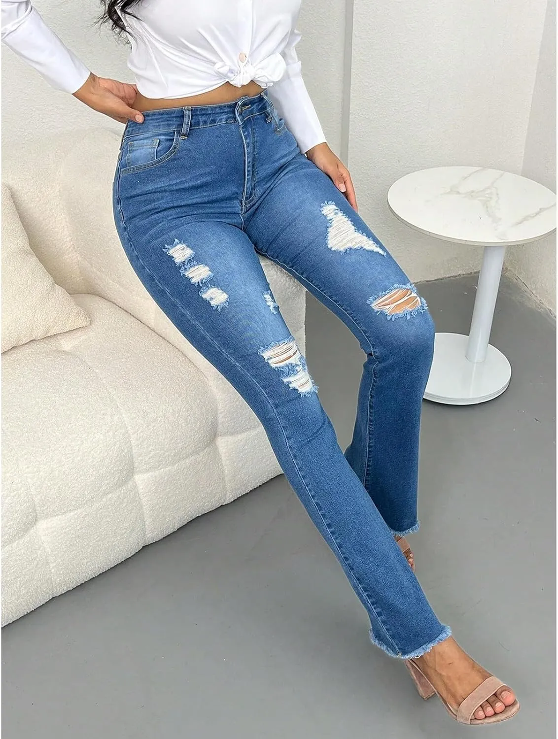 Flare Ripped Jeans Womens Bell Bottom Distressed Jeans Skinny Bootcut Pants High Waisted Denim Pants with Pockets