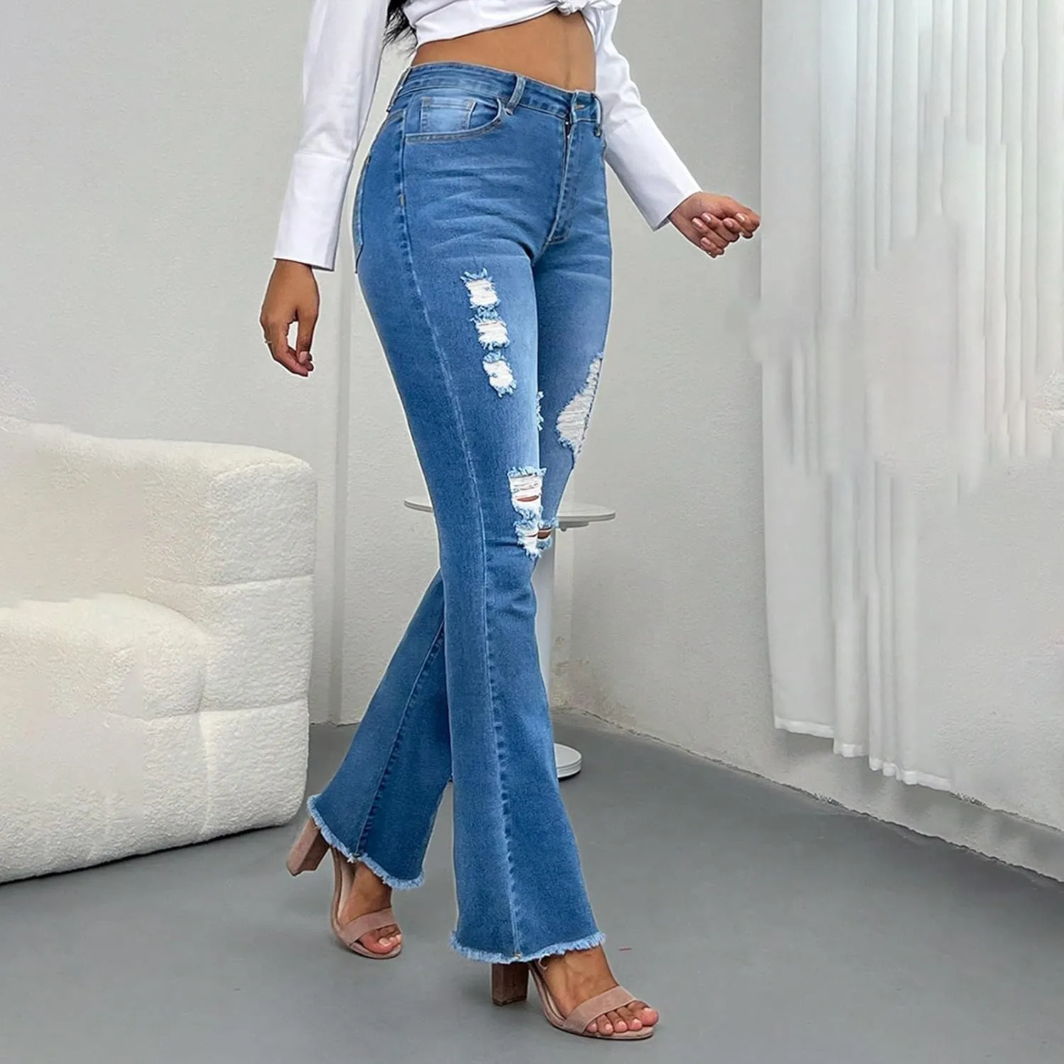 Flare Ripped Jeans Womens Bell Bottom Distressed Jeans Skinny Bootcut Pants High Waisted Denim Pants with Pockets