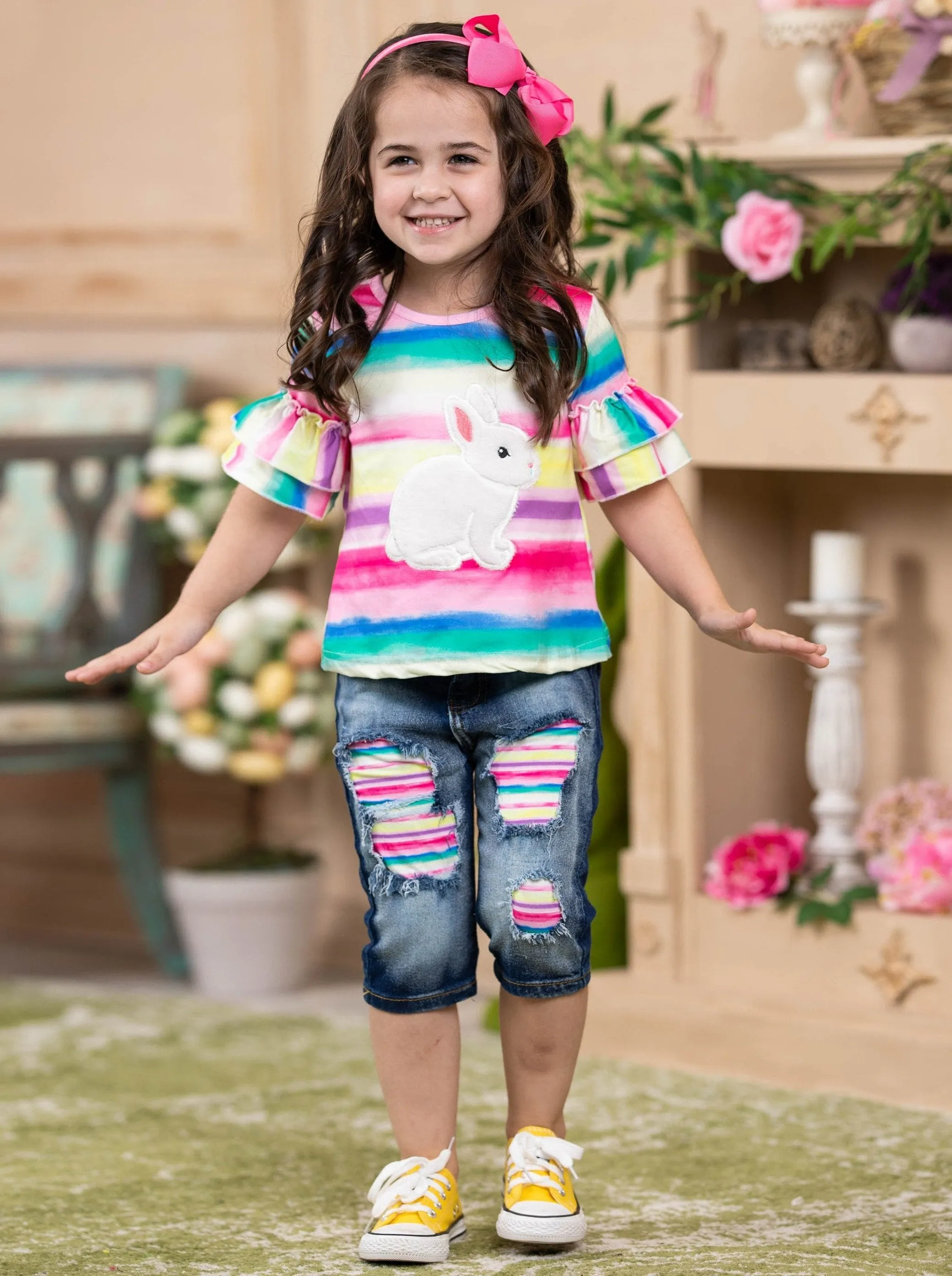 Girls Bunny Time Top and Patched Jeans Set with Sash
