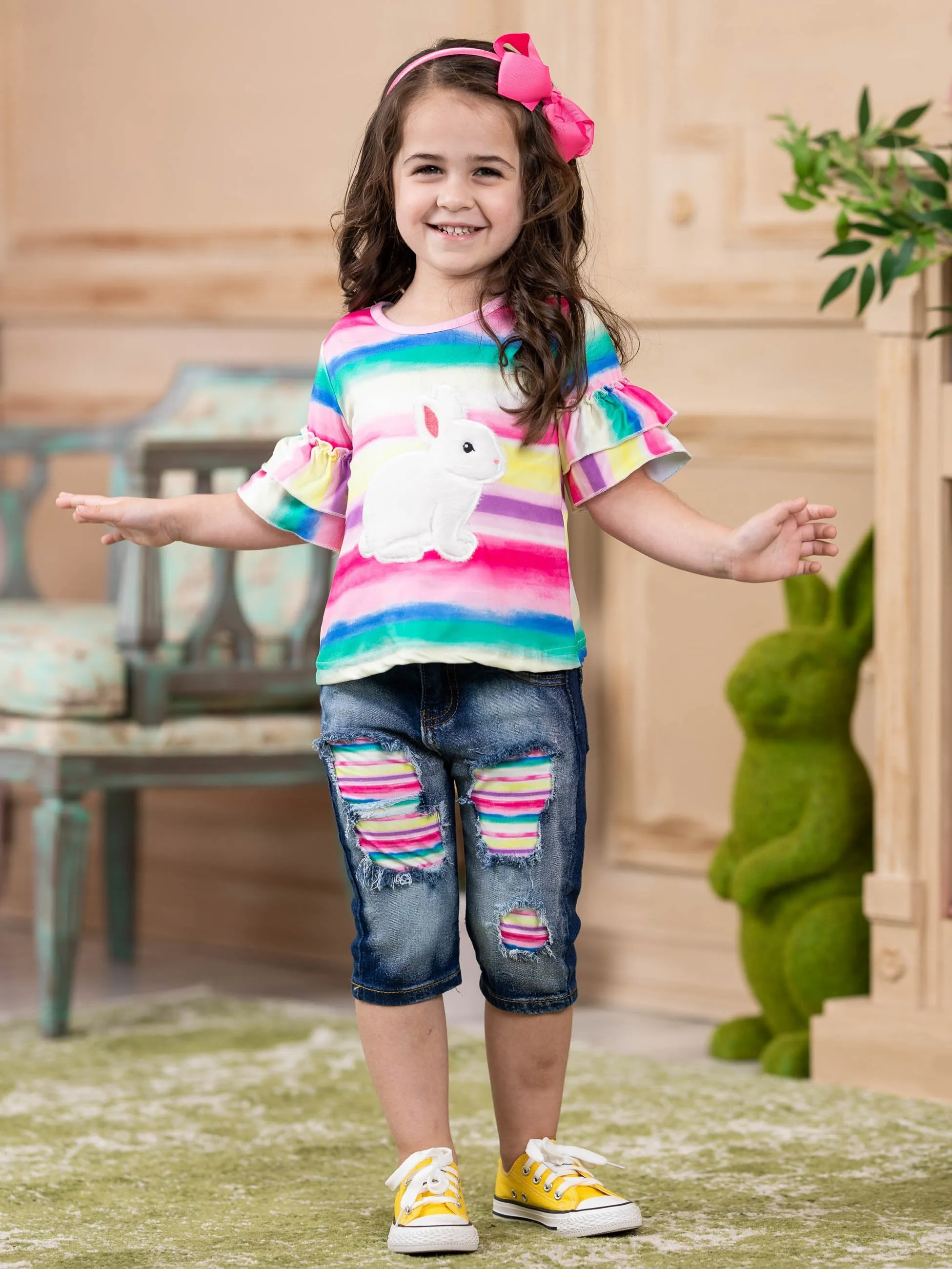 Girls Bunny Time Top and Patched Jeans Set with Sash