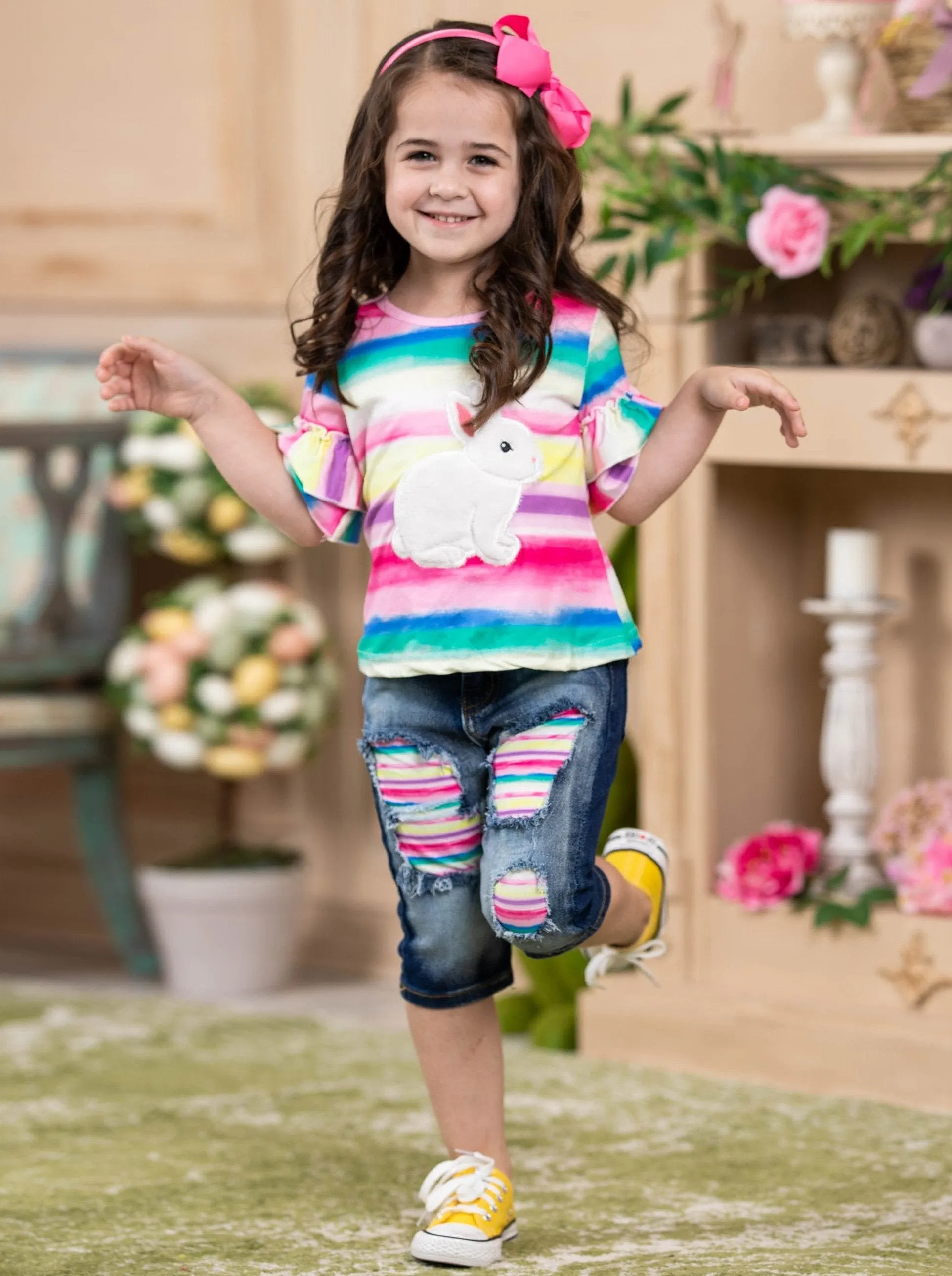 Girls Bunny Time Top and Patched Jeans Set with Sash
