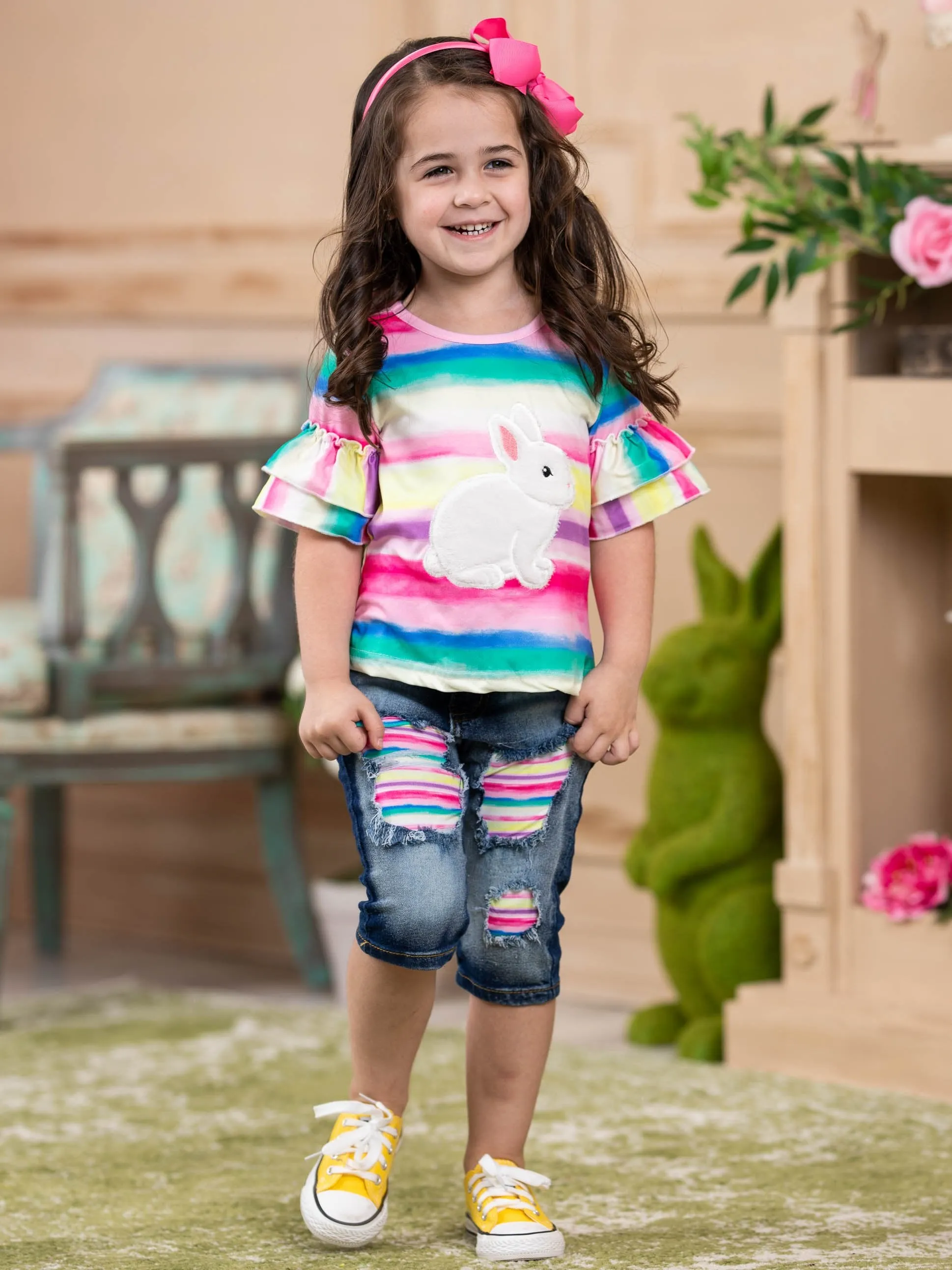 Girls Bunny Time Top and Patched Jeans Set with Sash