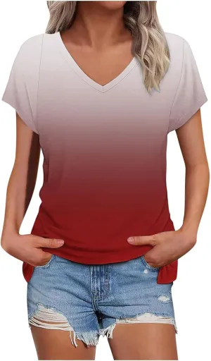 Gradient Shirts Oversized Tshirts for Women V Neck Short Sleeve Summer Tops 2025 Casual Loose Fit Cute Tees Clothes