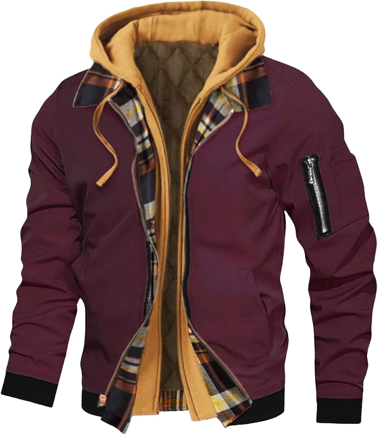 Men's Casual Jacket Hooded Thick Plus Size Solid Color Plaid Zipper Warm Coat Spring Autumn Winter