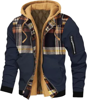 Men's Casual Jacket Hooded Thick Plus Size Solid Color Plaid Zipper Warm Coat Spring Autumn Winter