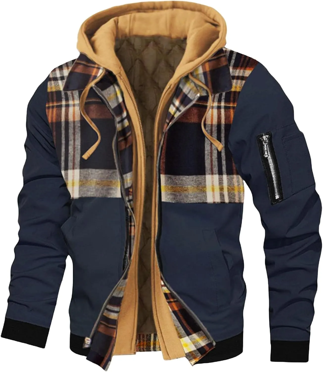 Men's Casual Jacket Hooded Thick Plus Size Solid Color Plaid Zipper Warm Coat Spring Autumn Winter