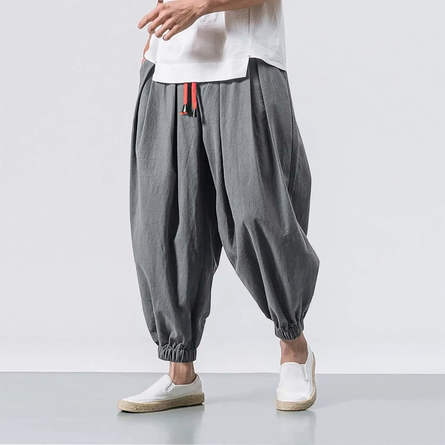 Mens Casual Pants Wide Leg Jogger Pants Plus Size Solid Comfort Trendy Drawstring Elastic Waist Trousers