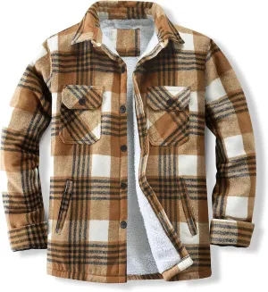 Men's Cotton Flannel Shirt Jacket Sherpa Fleece Lined Long Sleeve Plaid Shirt for Men Winter Thermal Berber Jackets