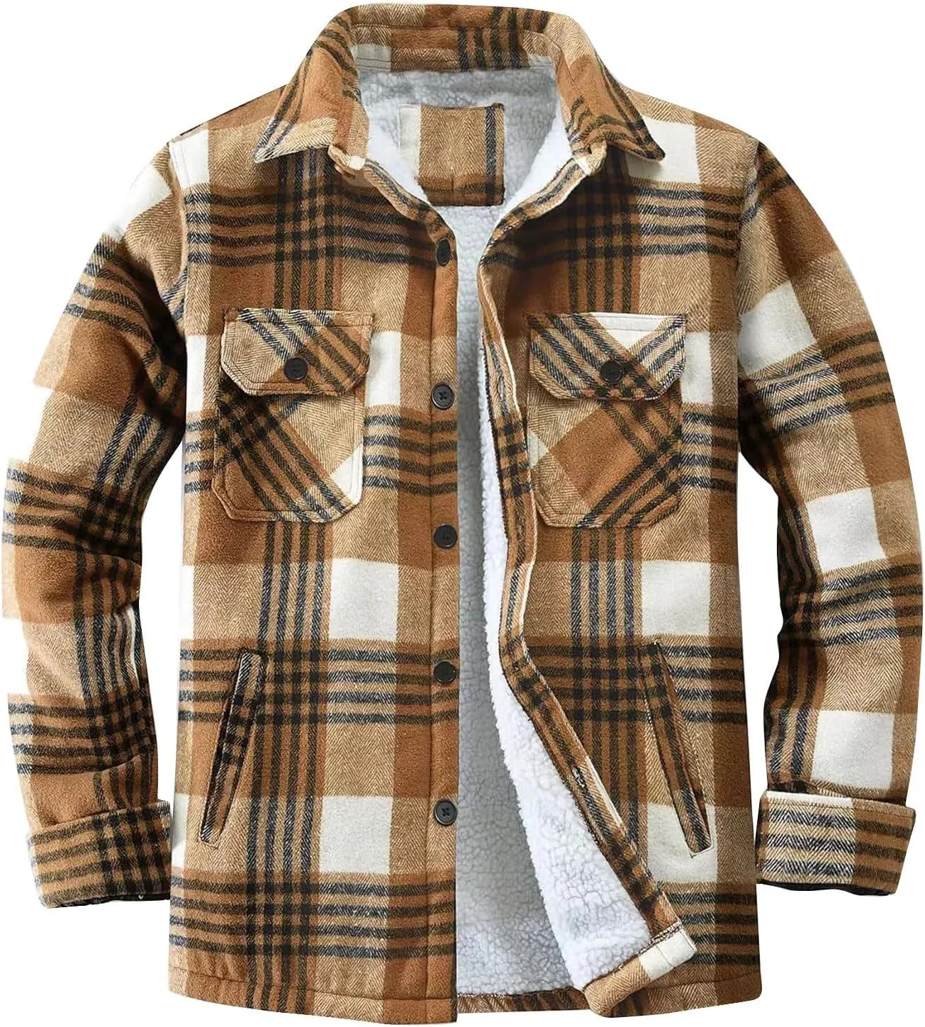 Men's Cotton Flannel Shirt Jacket Sherpa Fleece Lined Long Sleeve Plaid Shirt for Men Winter Thermal Berber Jackets