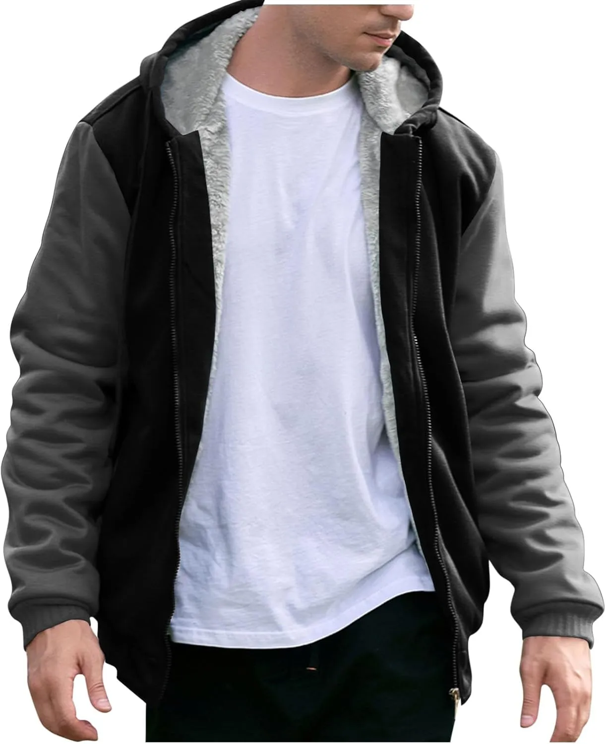 Mens Fleece Lined Warm Jackets Zip Up Hooded Track Jackets Color Block Furry Comfy Thermal Sherpa Winter Coats