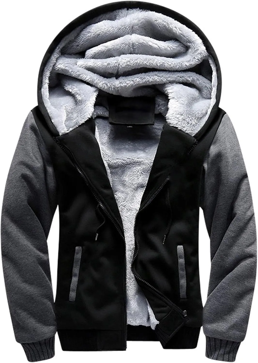 Mens Fleece Lined Warm Jackets Zip Up Hooded Track Jackets Color Block Furry Comfy Thermal Sherpa Winter Coats