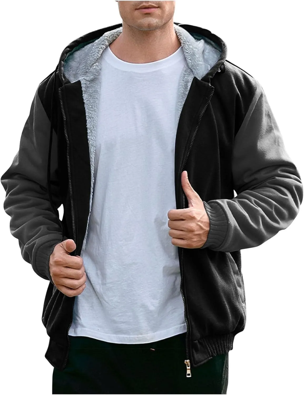 Mens Fleece Lined Warm Jackets Zip Up Hooded Track Jackets Color Block Furry Comfy Thermal Sherpa Winter Coats