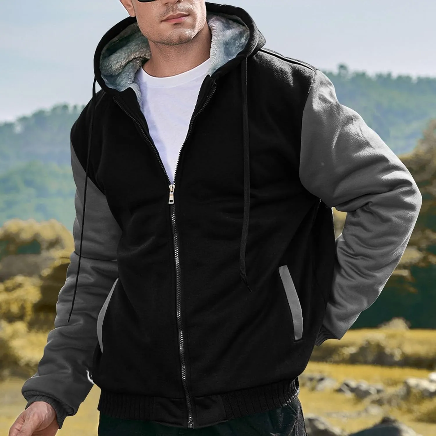Mens Fleece Lined Warm Jackets Zip Up Hooded Track Jackets Color Block Furry Comfy Thermal Sherpa Winter Coats