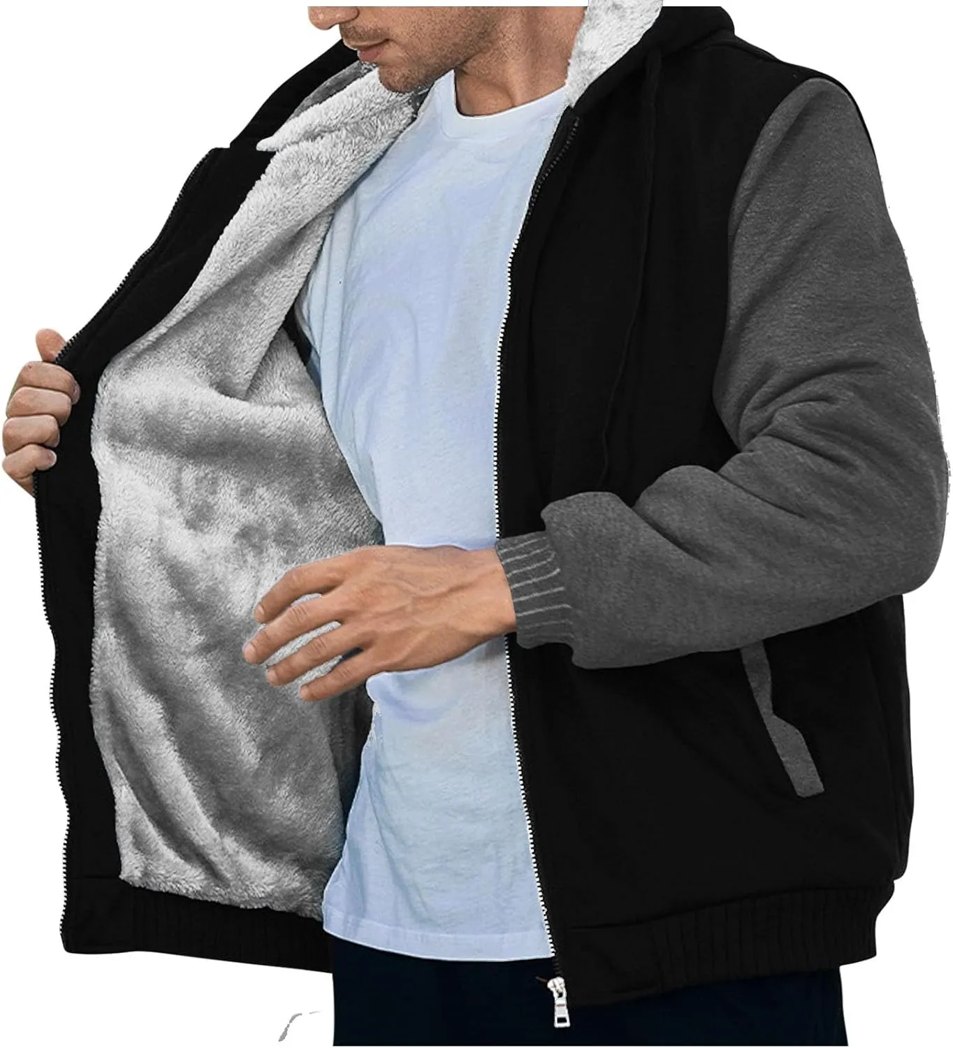 Mens Fleece Lined Warm Jackets Zip Up Hooded Track Jackets Color Block Furry Comfy Thermal Sherpa Winter Coats