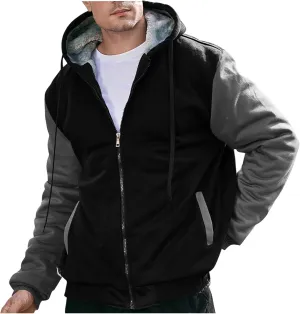 Mens Fleece Lined Warm Jackets Zip Up Hooded Track Jackets Color Block Furry Comfy Thermal Sherpa Winter Coats