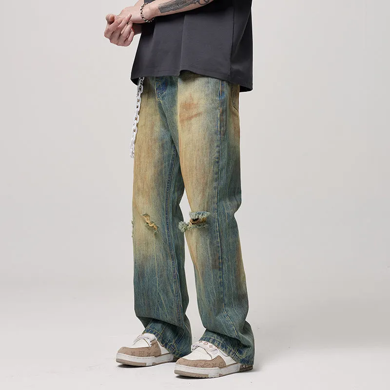 Men's Retro Washed Make Old Ripped Slightly Flared Jeans