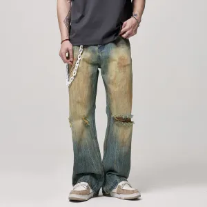 Men's Retro Washed Make Old Ripped Slightly Flared Jeans