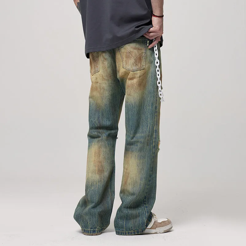 Men's Retro Washed Make Old Ripped Slightly Flared Jeans