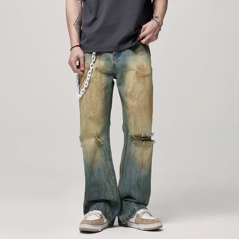 Men's Retro Washed Make Old Ripped Slightly Flared Jeans