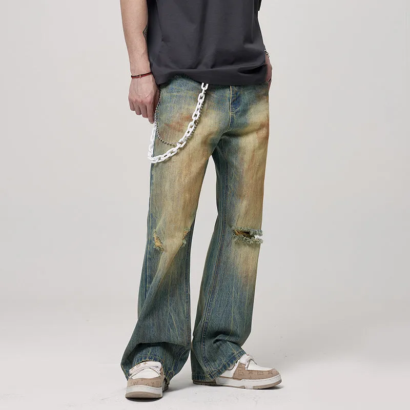 Men's Retro Washed Make Old Ripped Slightly Flared Jeans
