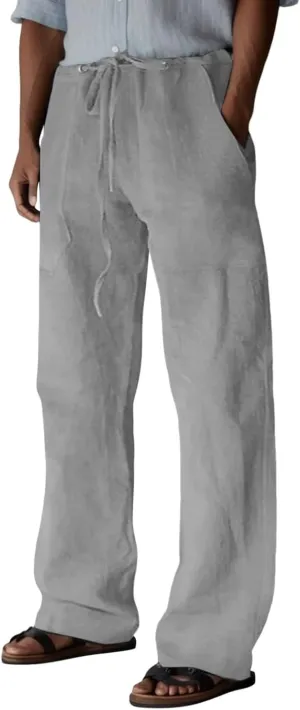 Mens Summer Straight Leg Long Pants Casual Baggy Elastic Waist Wide Leg Trousers Solid Lightweight Comfort Pants