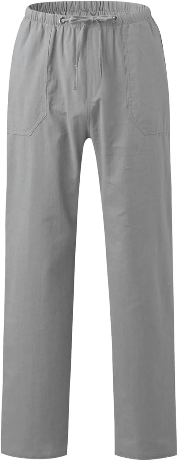 Mens Summer Straight Leg Long Pants Casual Baggy Elastic Waist Wide Leg Trousers Solid Lightweight Comfort Pants