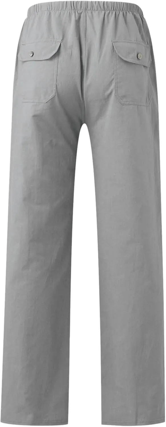 Mens Summer Straight Leg Long Pants Casual Baggy Elastic Waist Wide Leg Trousers Solid Lightweight Comfort Pants