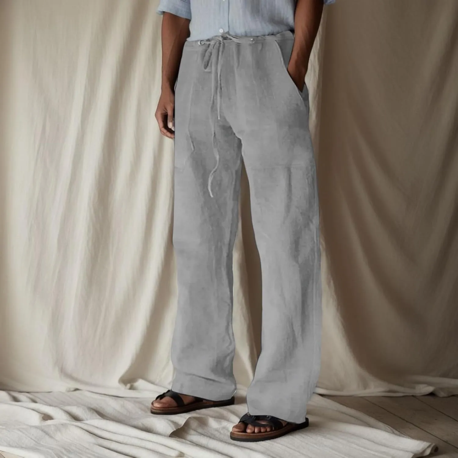 Mens Summer Straight Leg Long Pants Casual Baggy Elastic Waist Wide Leg Trousers Solid Lightweight Comfort Pants
