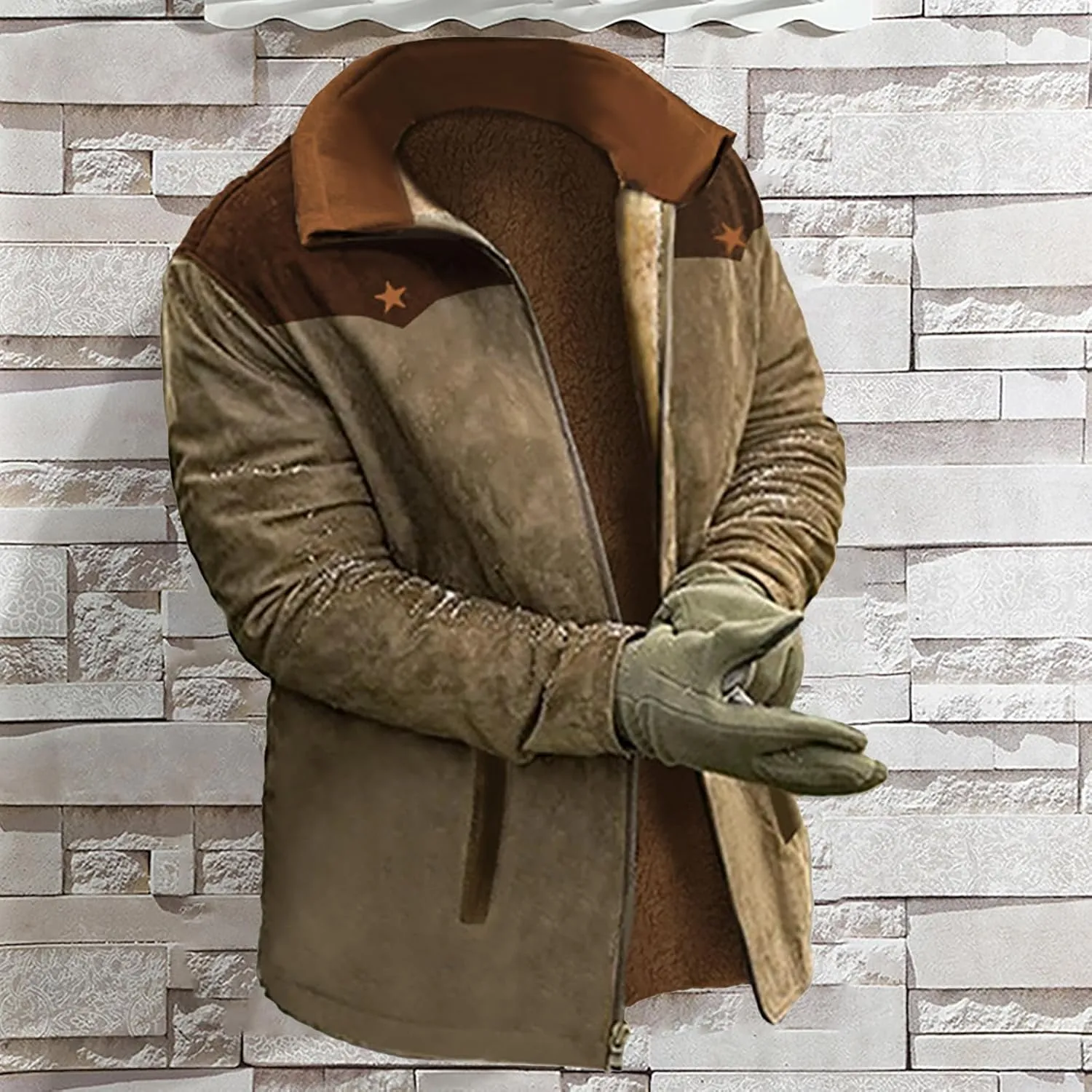 Mens Vintage Suede Jacket Plush Collar Coats Faux Leather Warm Jacket Men Zip Up Motorcycle Jacket Coats Retro Tops