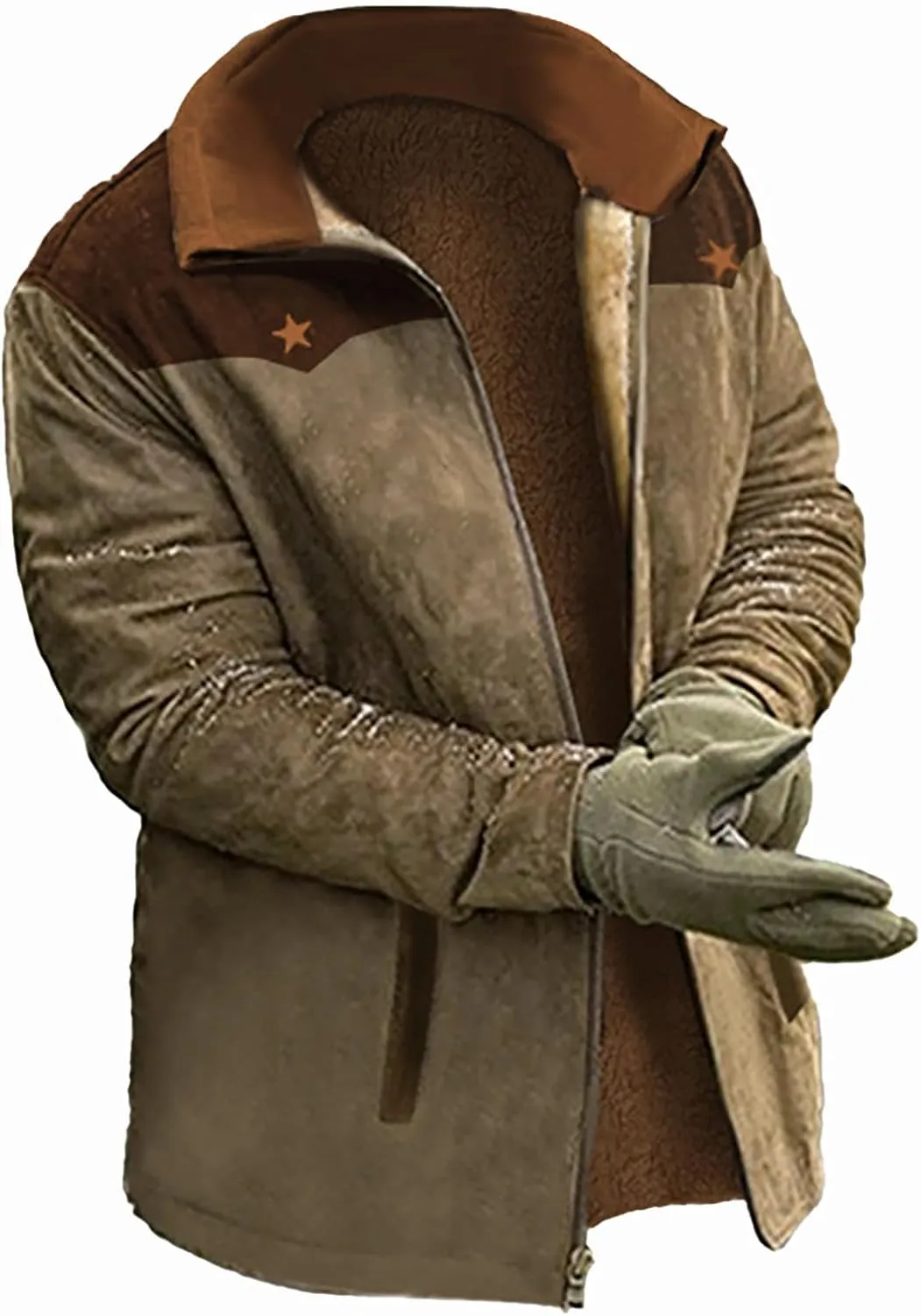 Mens Vintage Suede Jacket Plush Collar Coats Faux Leather Warm Jacket Men Zip Up Motorcycle Jacket Coats Retro Tops