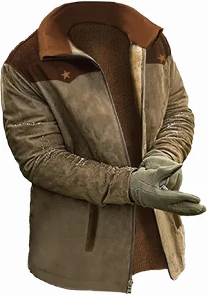 Mens Vintage Suede Jacket Plush Collar Coats Faux Leather Warm Jacket Men Zip Up Motorcycle Jacket Coats Retro Tops