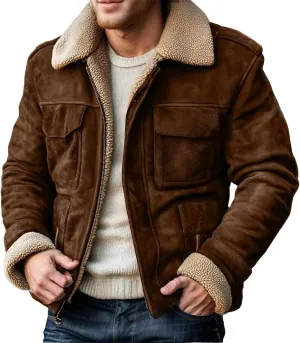 Men's Vintage Suede Jacket Sherpa Fleece Lined Bomber Jackets Long Sleeve Heavyweight Coats Motorcycle Warm Outwear