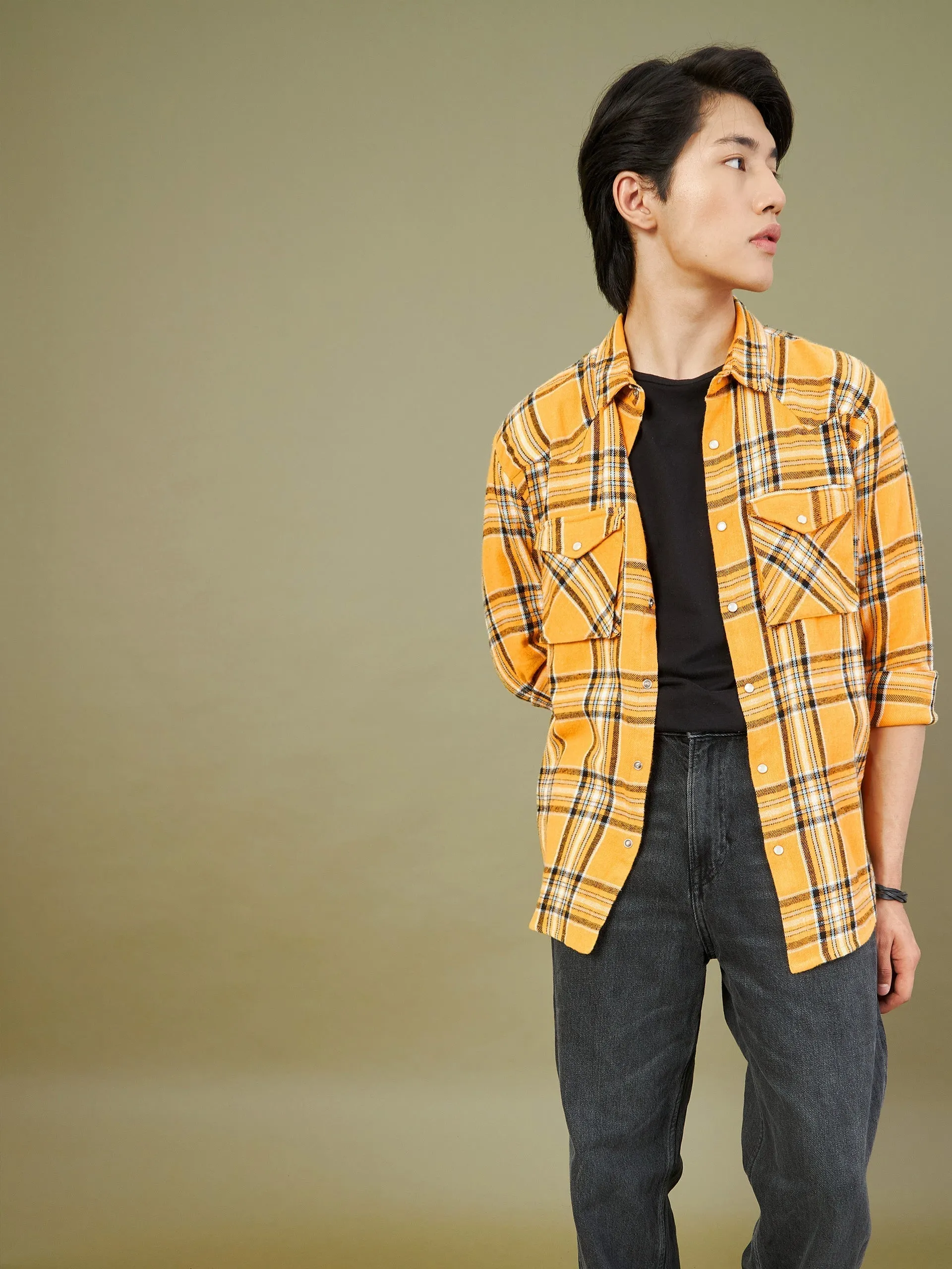Men's Yellow & White Check Oversized Shirt - LYUSH-MASCLN