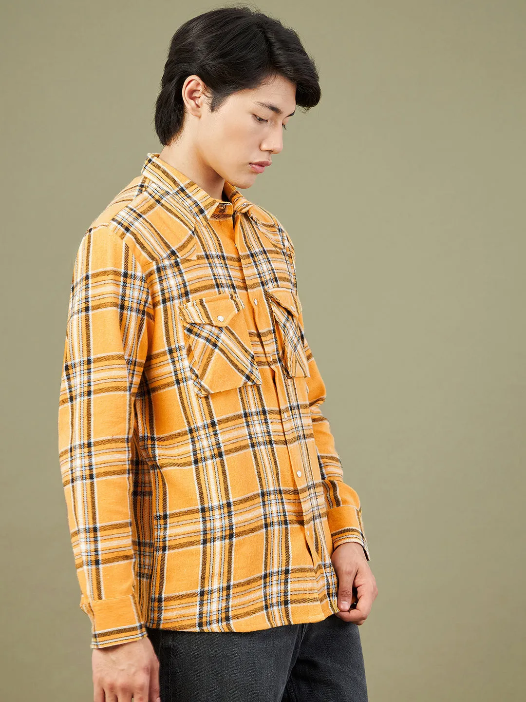 Men's Yellow & White Check Oversized Shirt - LYUSH-MASCLN
