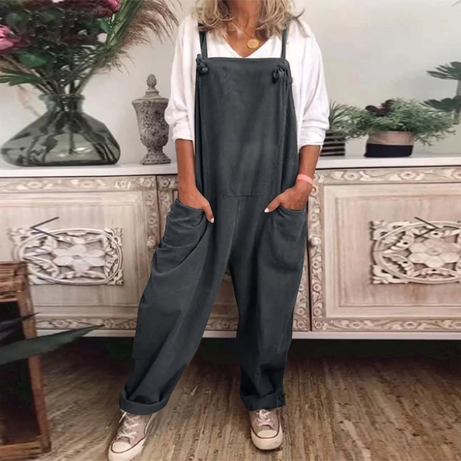 Overalls for Women Linen Plus Size Casual Sleeveless Jumpsuits Loose Fit Adjustable Straps Rompers Bib Overall